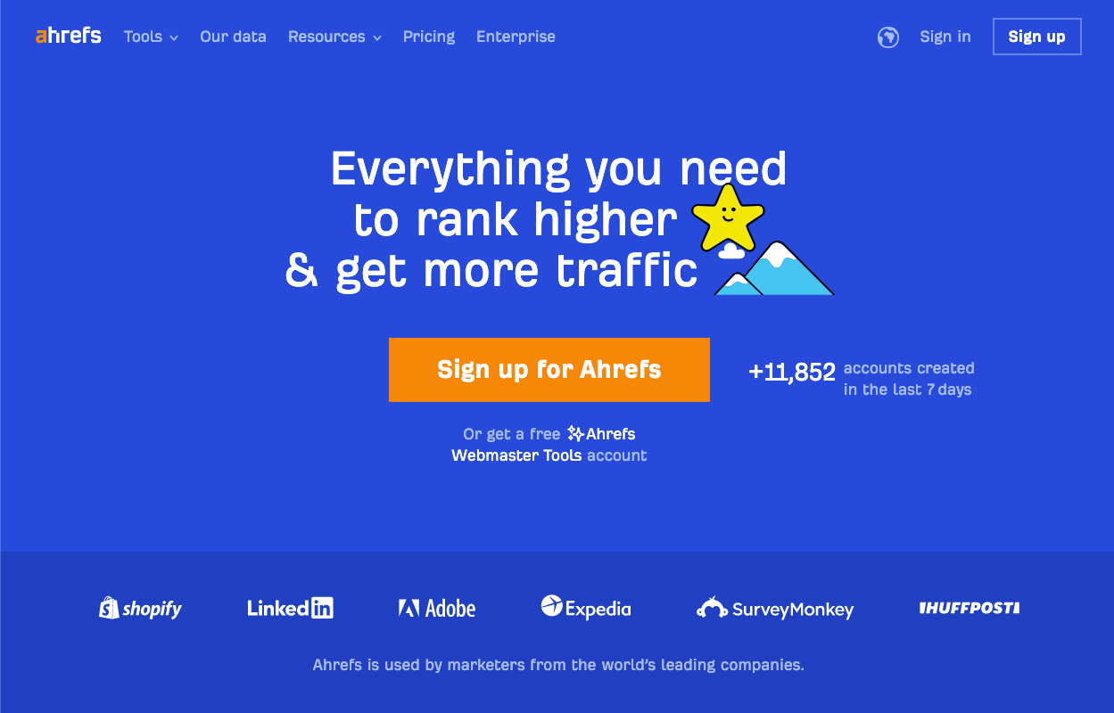 The homepage of Ahrefs, one of the most used SEO tool
