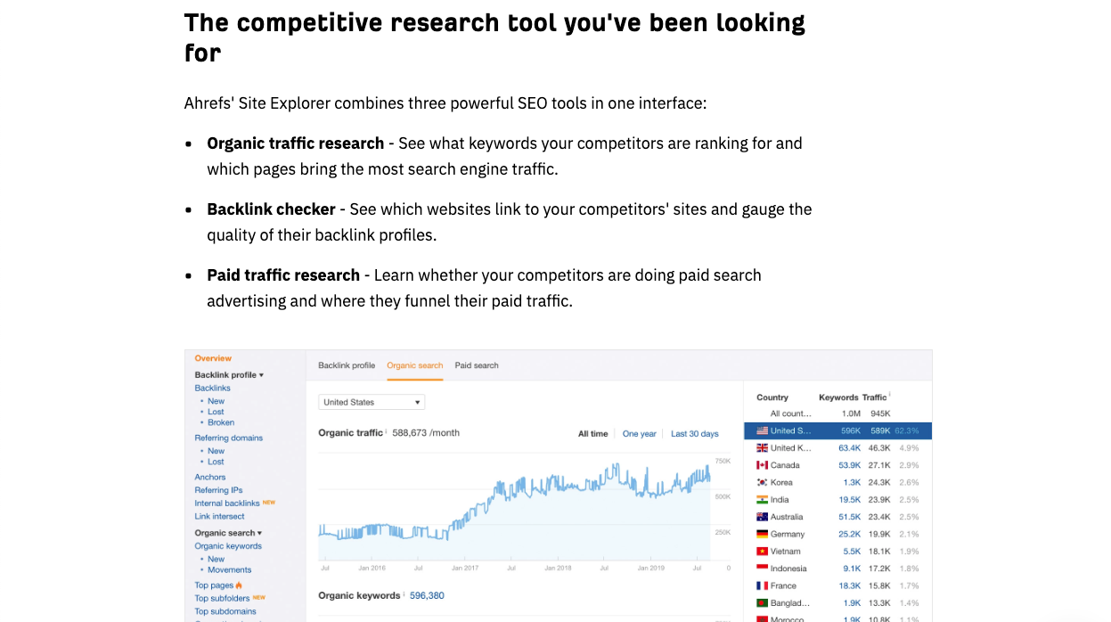 Site Explorer overview definition and an example screen for a domain