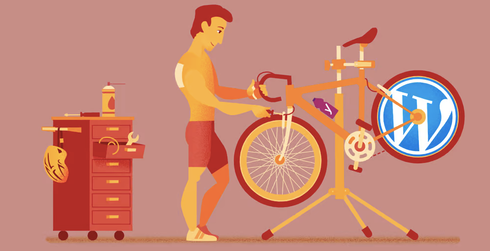 an illustration of a man who holding a bicycle that has a WordPress logo on one of its cycle