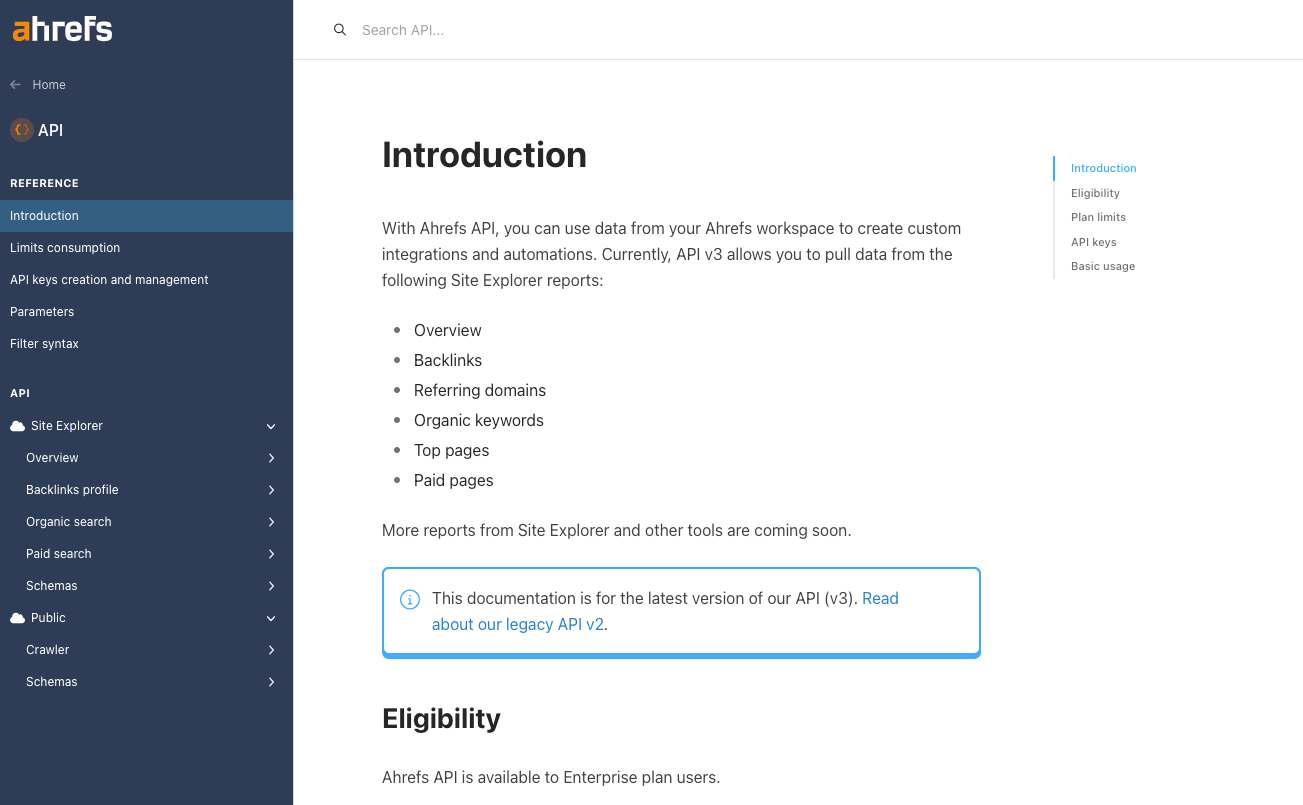 Ahrefs' API intoruction page
