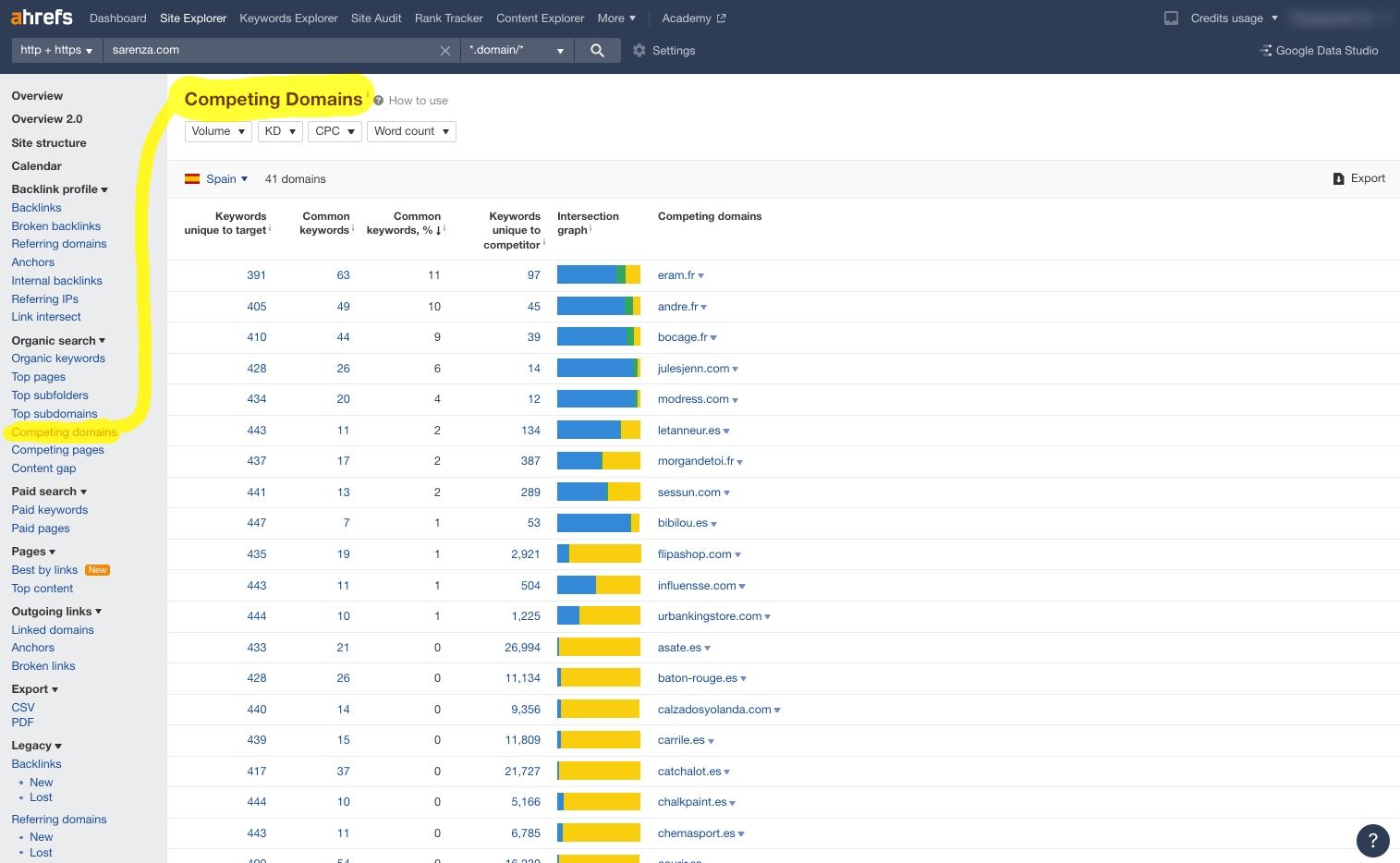 Competing domains page of a domain on Ahrefs' dashboard