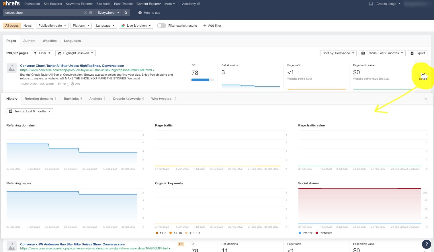 Content Explorer result page details