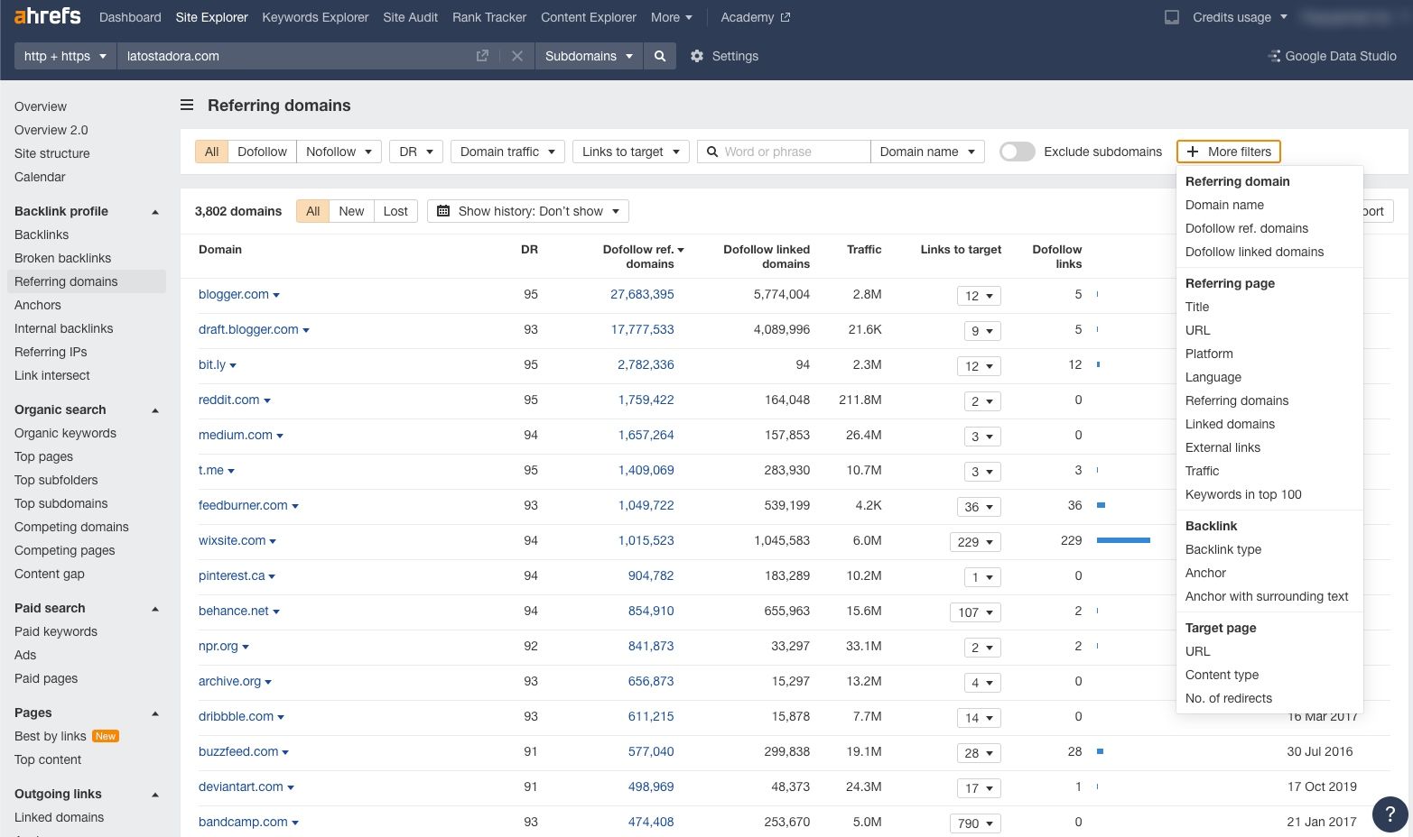 Filterin options of the Referring domain page