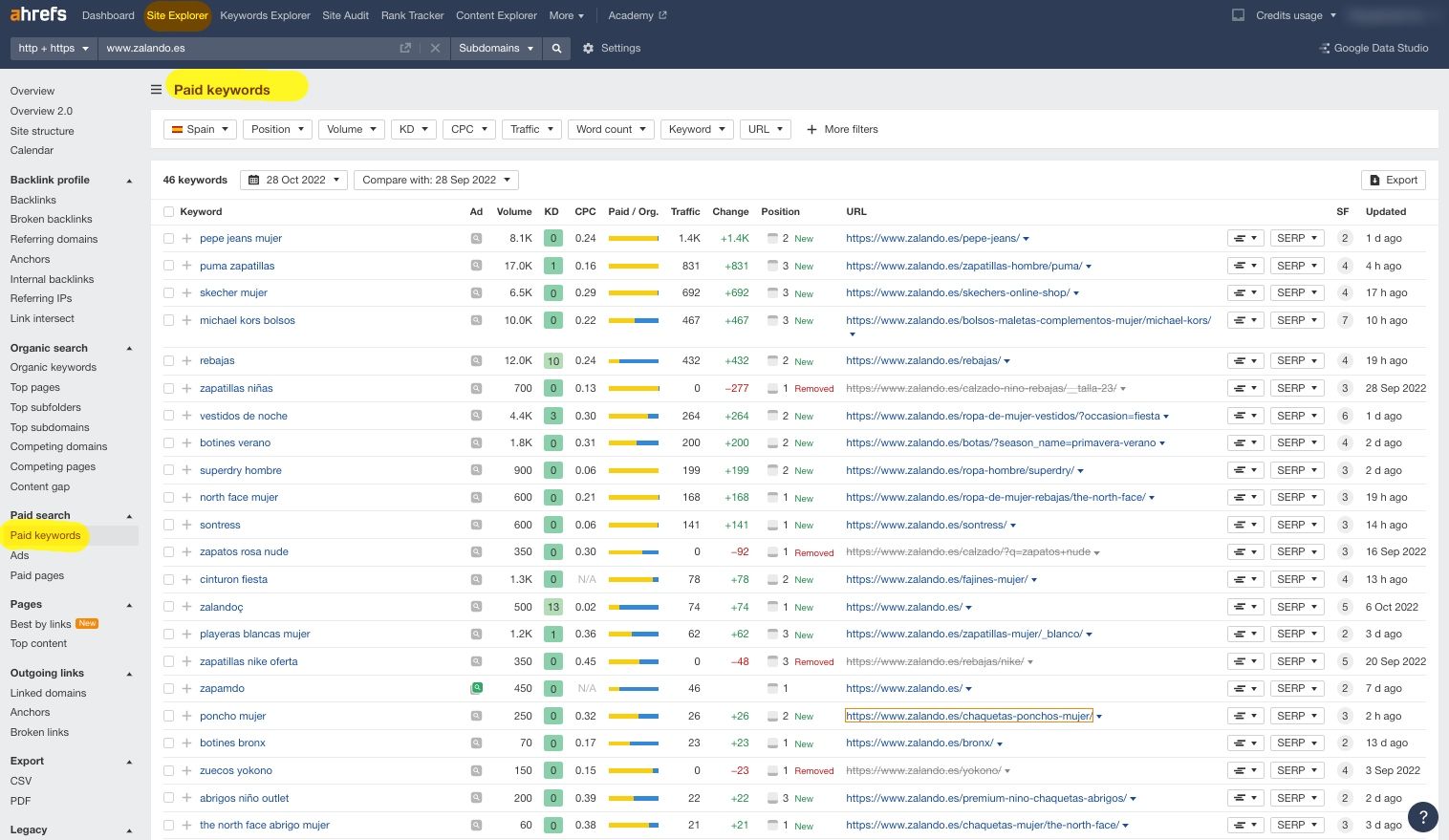 Paid keywords page of Ahrefs' dashboard