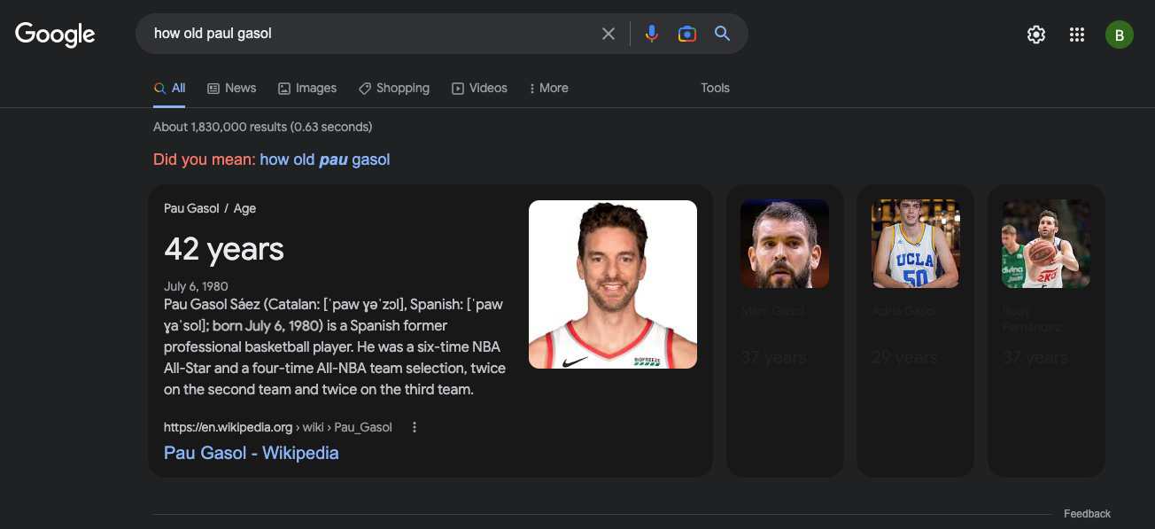 The result page for the "How old Paul Gasol" keyword on Google