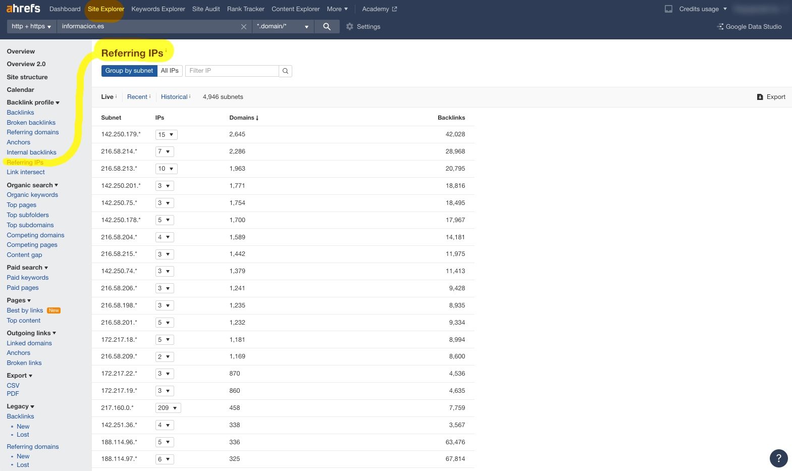 Referring IPs page of a domain on Ahrefs' dashboard