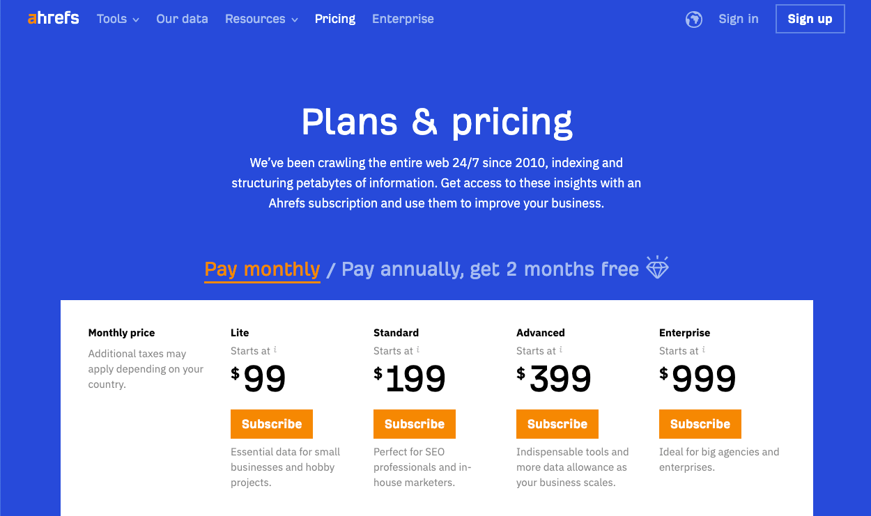 the web page of Ahrefs' subscription plans