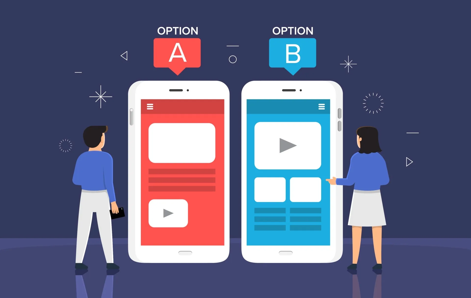 An illustration of man looking at mobile phone with option A and a woman looking at mobile phone with option B