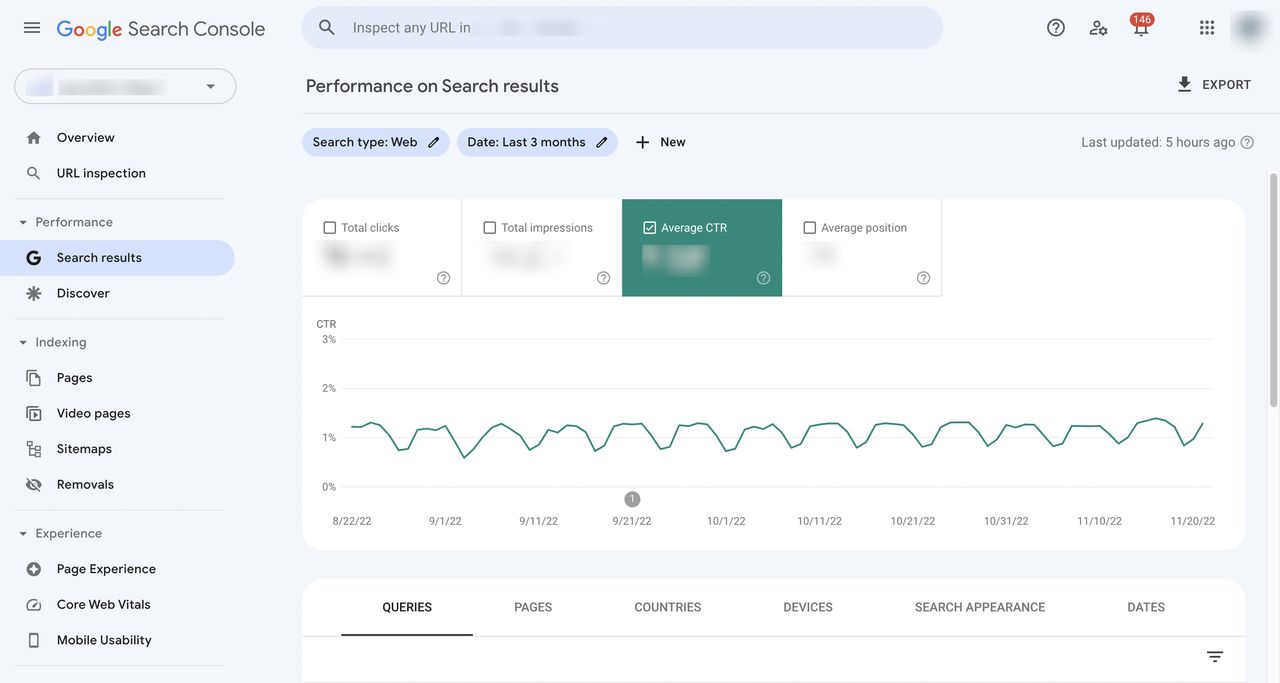 The search results screen of Google Search Console