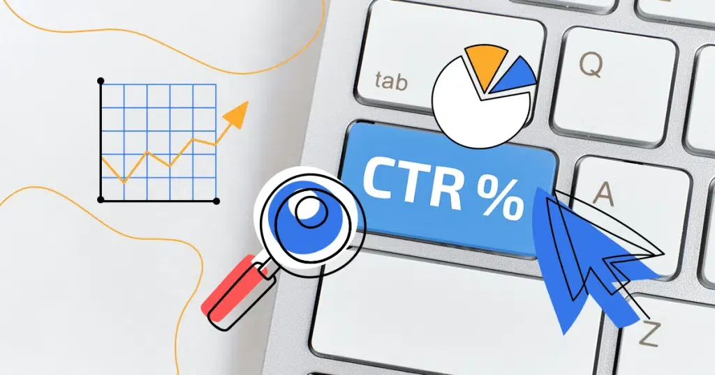 a keyboard and illustrations of a pie chart, an arrow and a magnifier on the keyboard