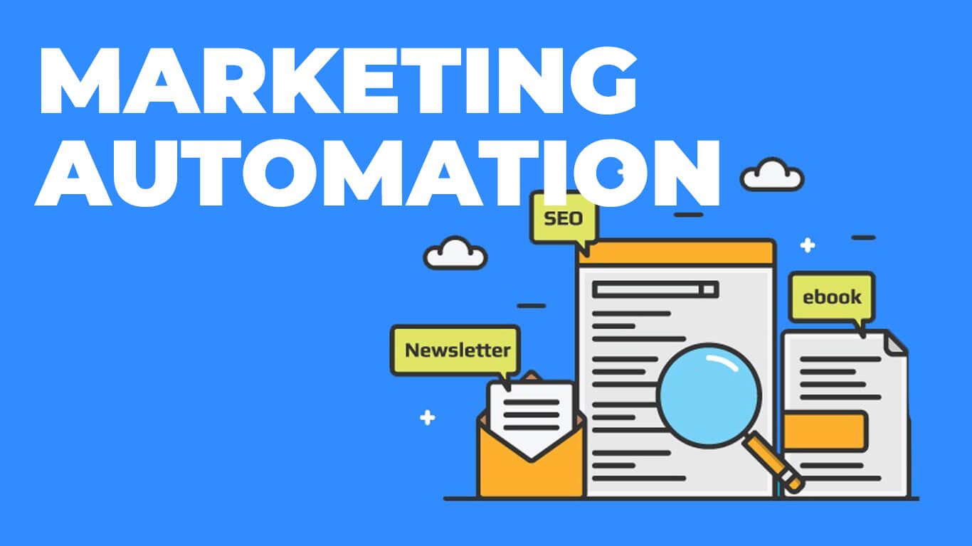 a magnifier illustration on a page and an open envelope under the text that is Marketing Automation 
