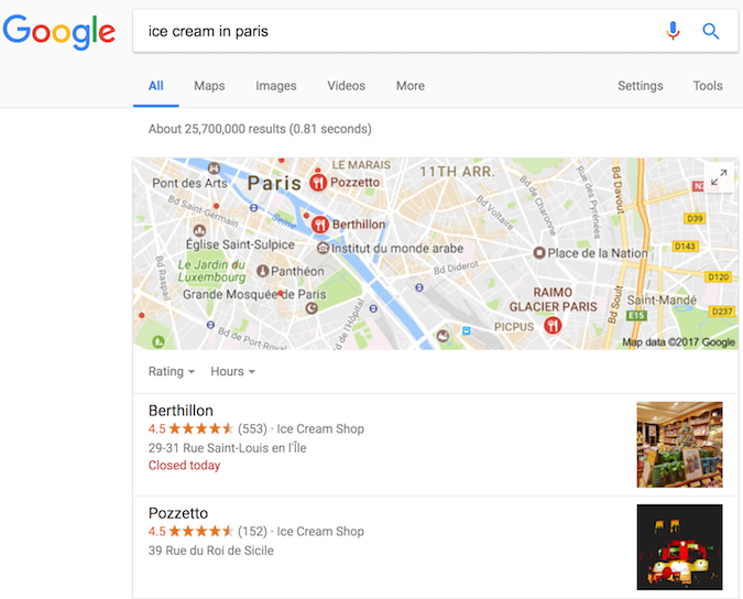 Google Search result for ice cream stores, showing rich results enabled by structured data.