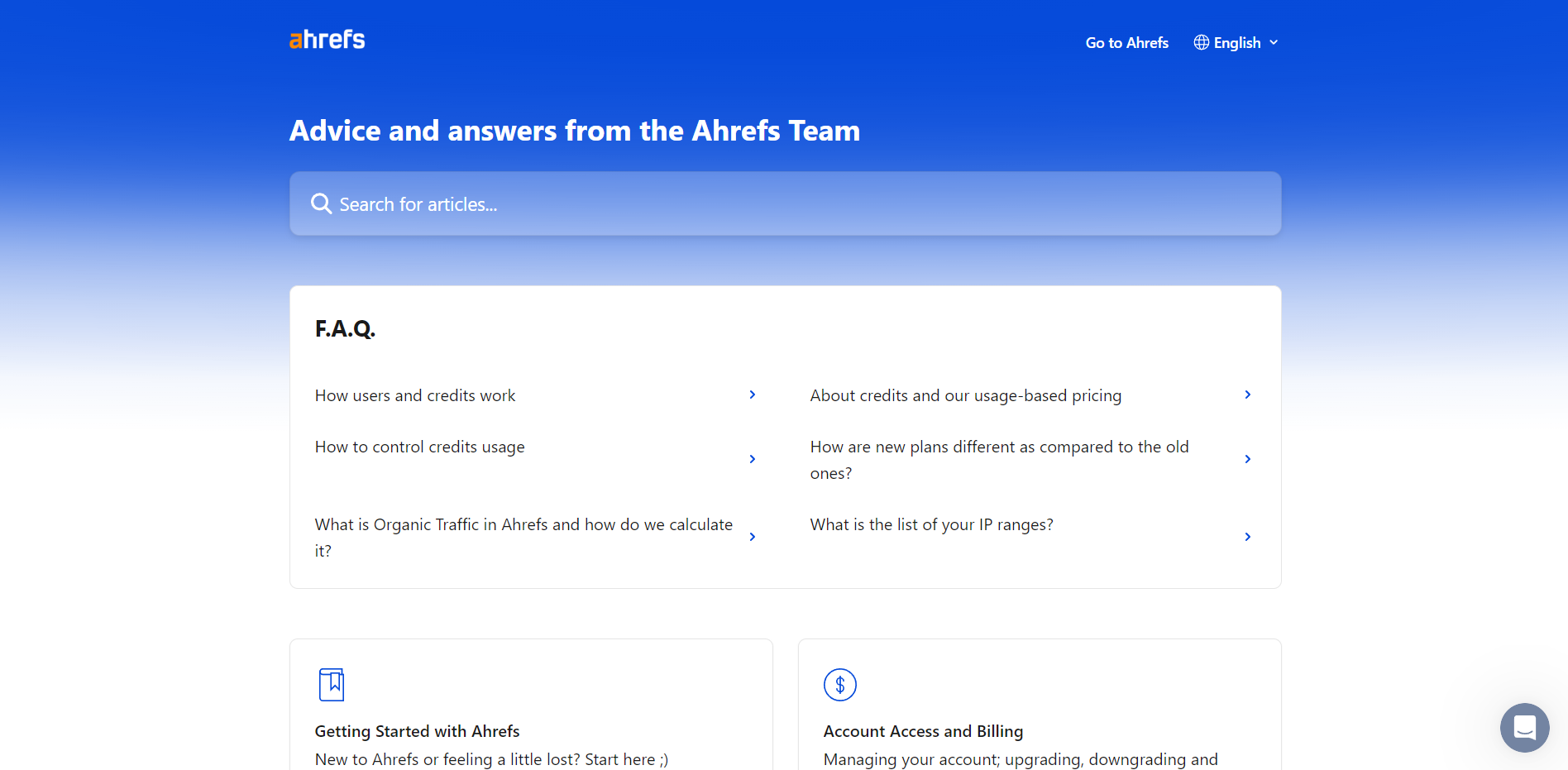 the help center website of Ahrefs