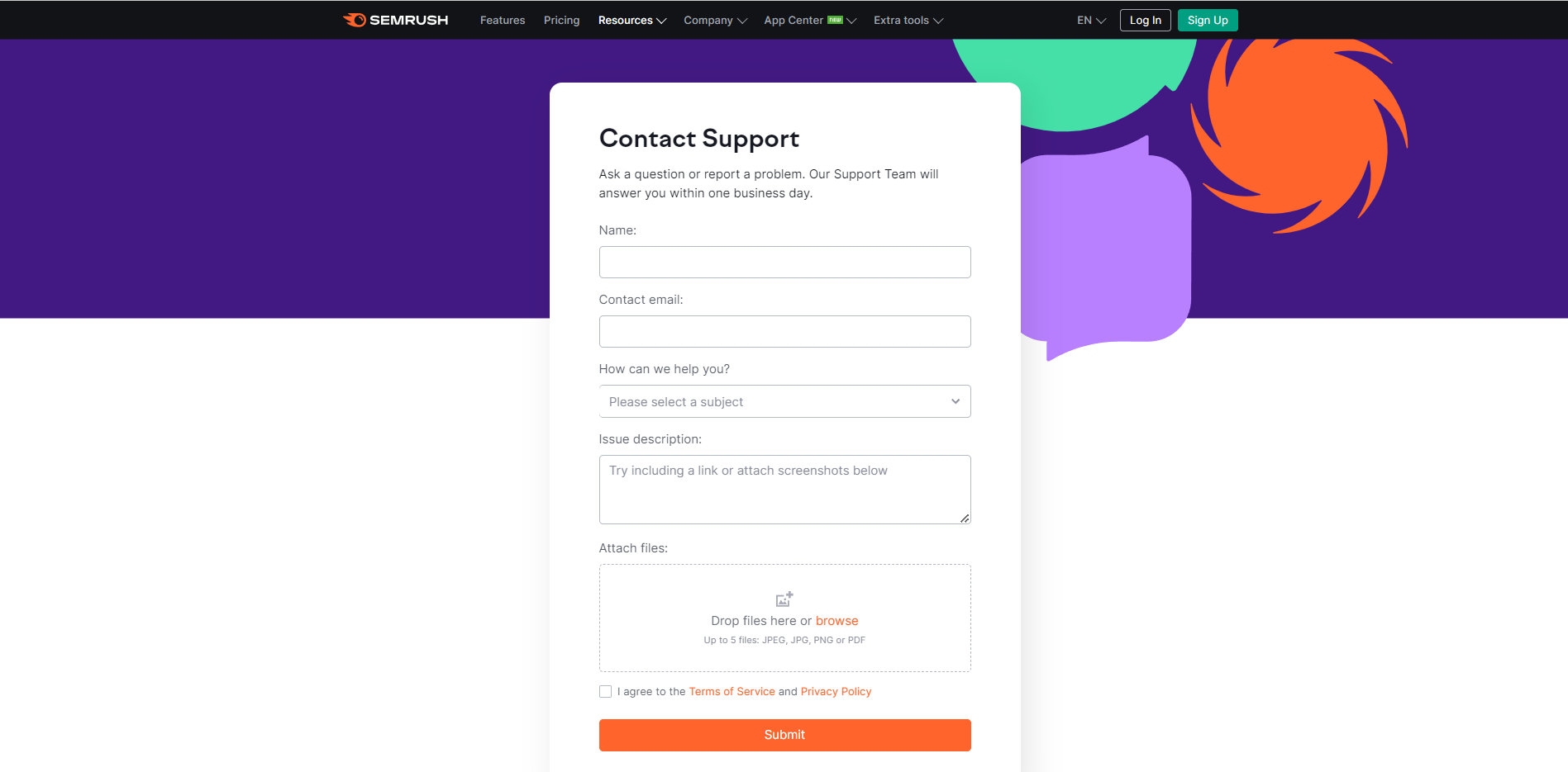 Semrush support page with contact form