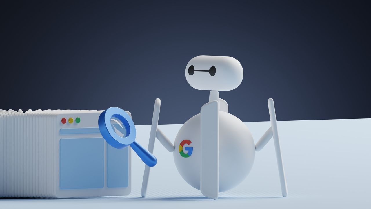 a white google robot holding a magnifying glass next to a white web page box