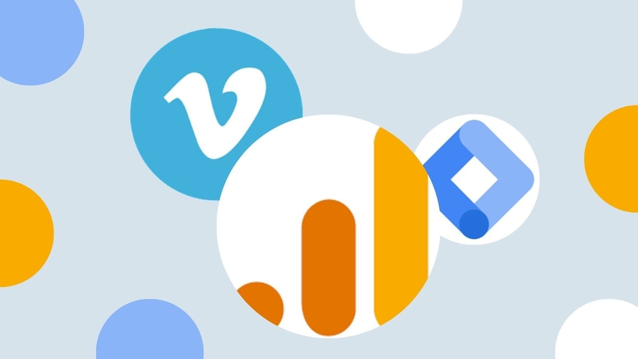 Vimeo, Google Analytics and Google Tag Manager logos with colorful background