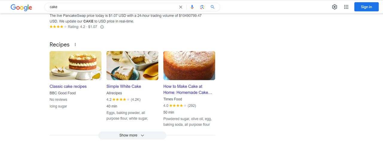 Snippet view on search for word of cake 