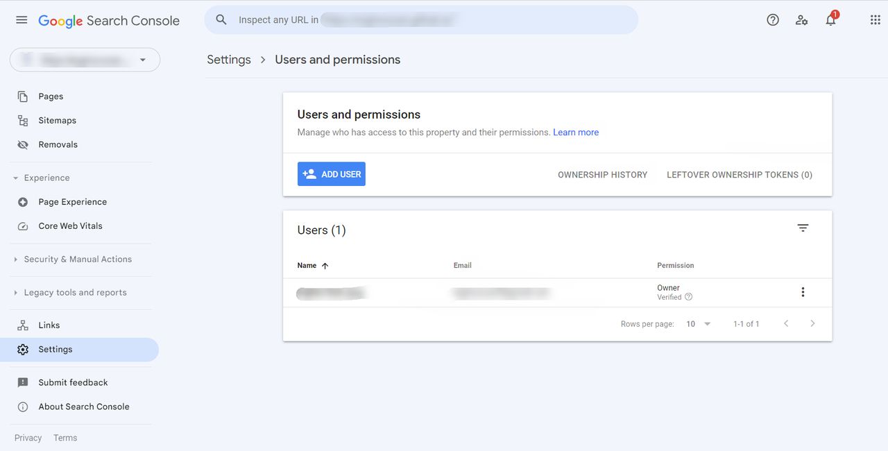  Google Search Console adding user page