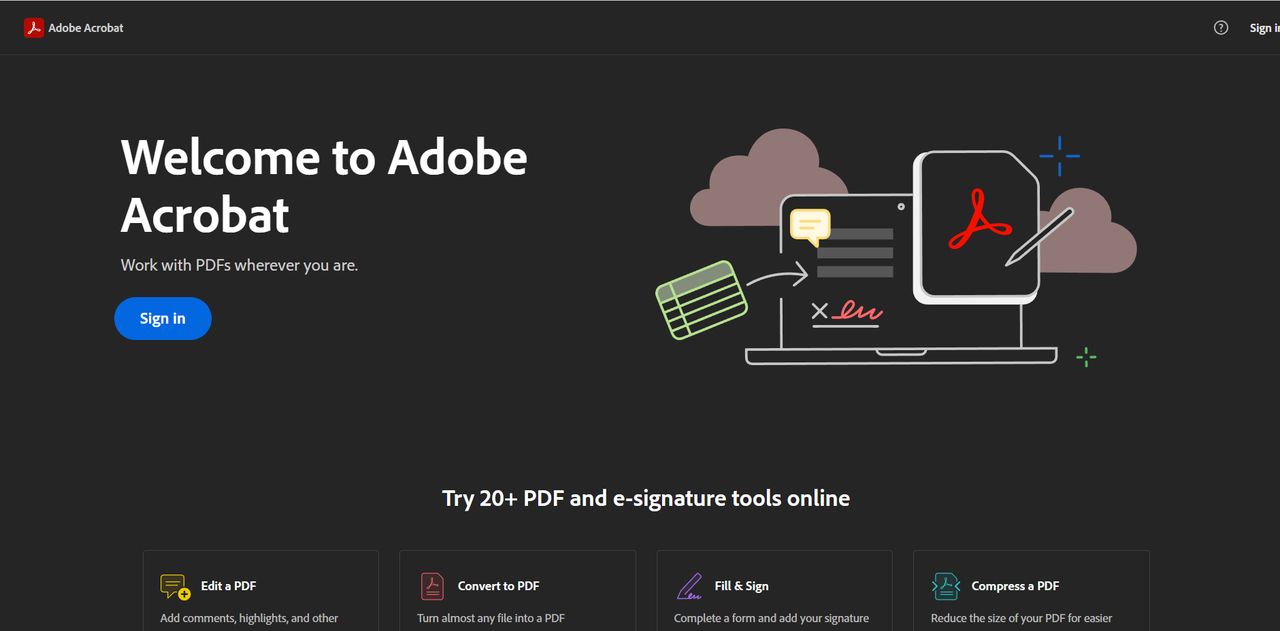 Adobe Acrobat official website view with dark theme