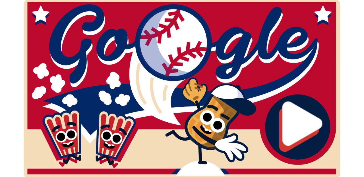 Google Baseball doodle view with red background