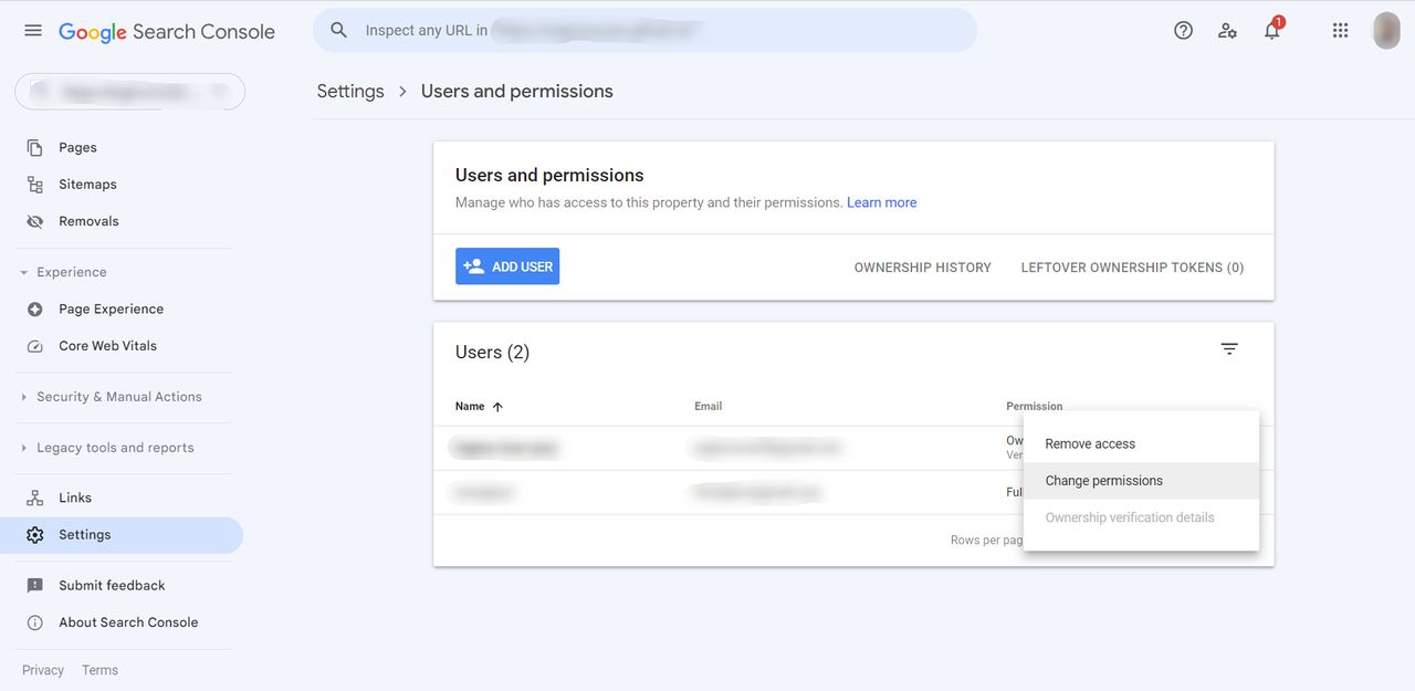 change permissions section on Google Search Console