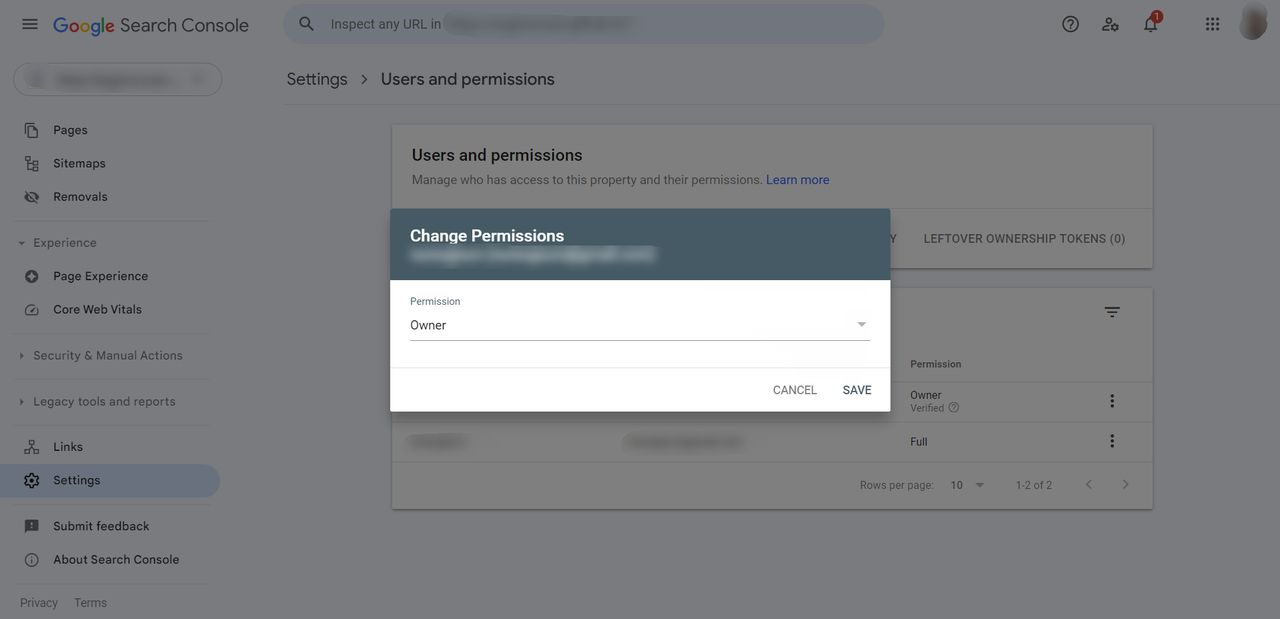 selecting permissions and save button view on Google Search Console page