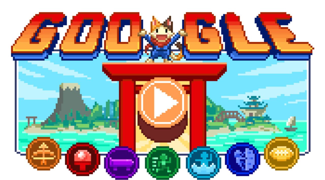a Google Doodle view with pixel art theme