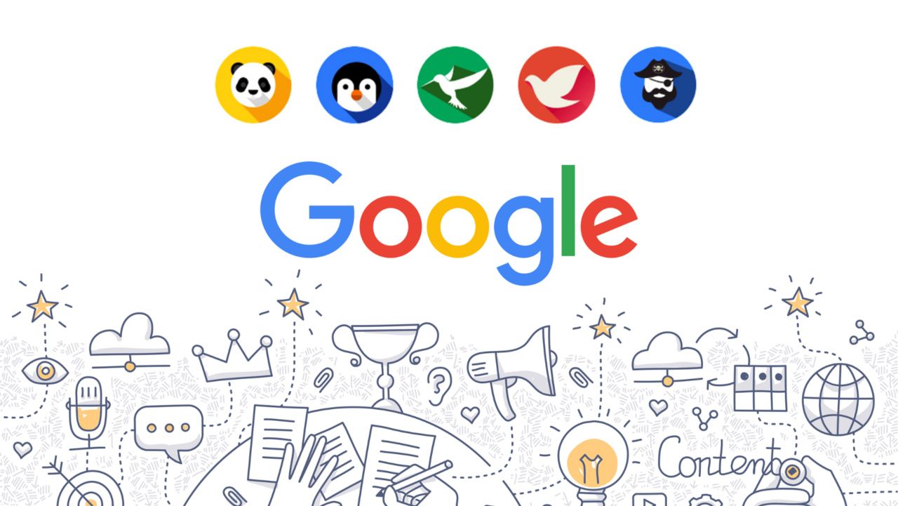 Google's logo surrounded by icons representing various features and updates icons