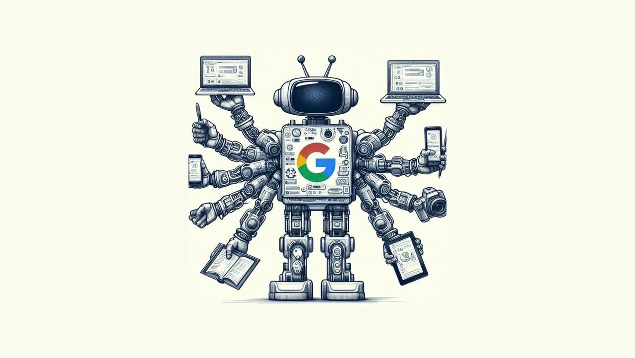 a robot featuring the Google logo, holding multiple devices 