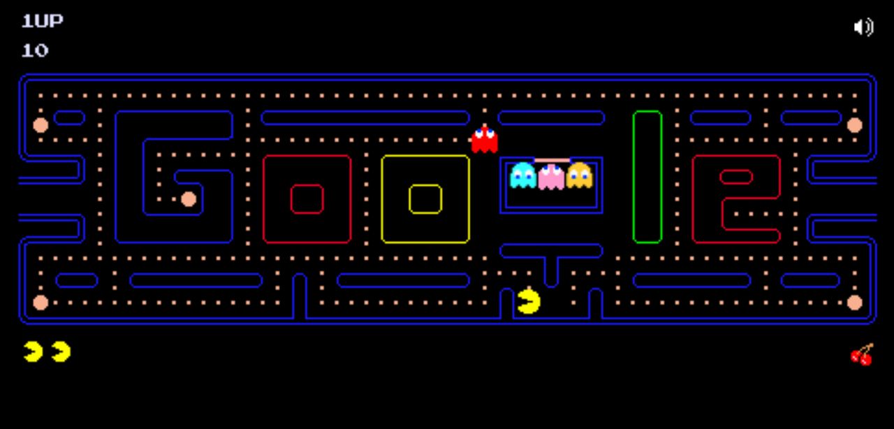 Pac-Man Google doodle with dark theme