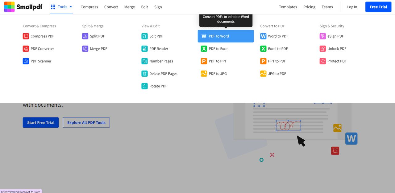 selecting PDF to Word Tool in Smallpdf