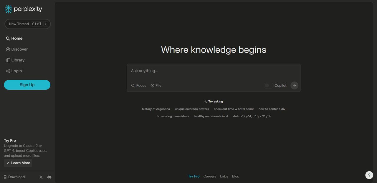 the homepage of Perplexity AI with dark background