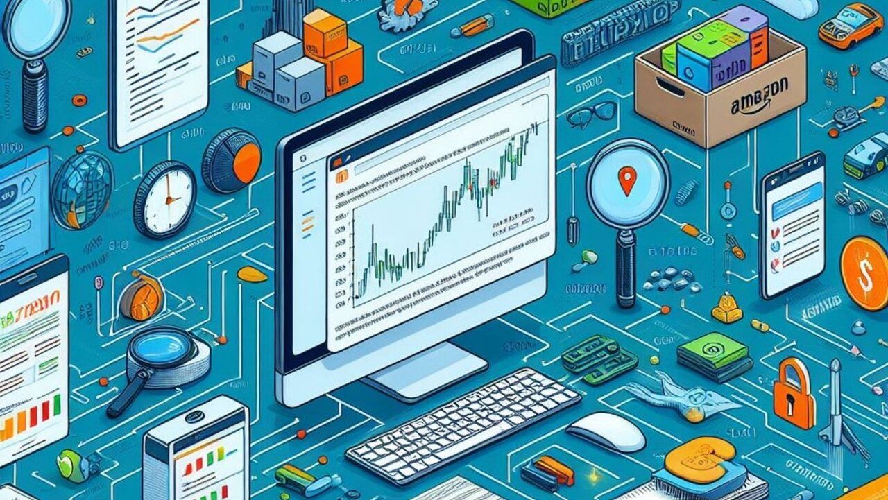 an illustration of computer screen and items for Amazon product data web scraping an illustration of computer screen and devices for Amazon product data web scraping