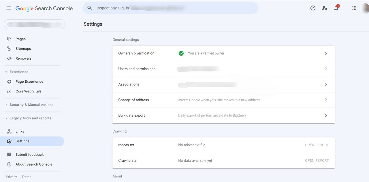 Google Search Console settings page view