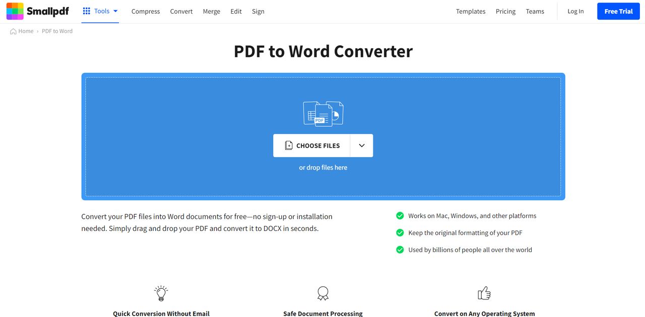 SmallPDF's PDF to Word Converter online tool