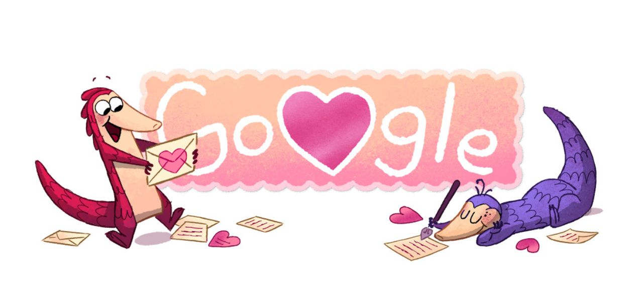 Google Doodle with two adorable cartoon animals writing love letters 