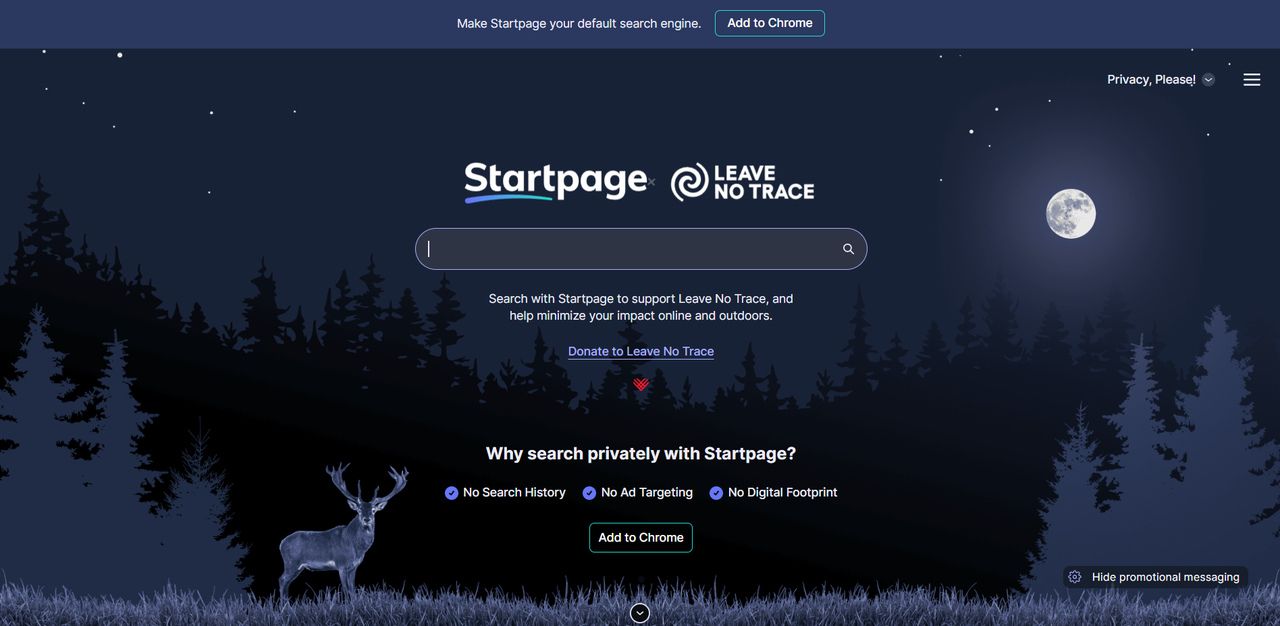the homepage of Startpage with night theme background
