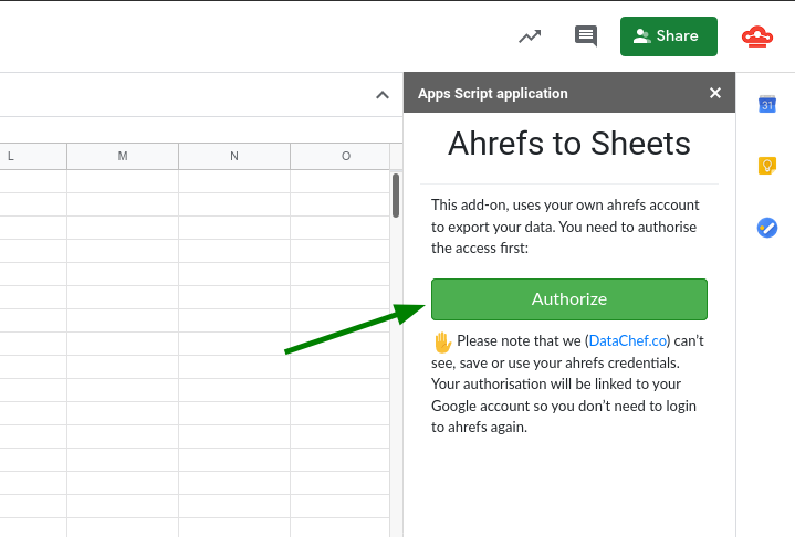 Ahrefs and Google Sheet integration function view on sheet