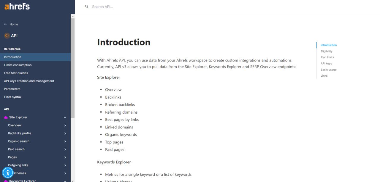 Ahrefs v3 API document page