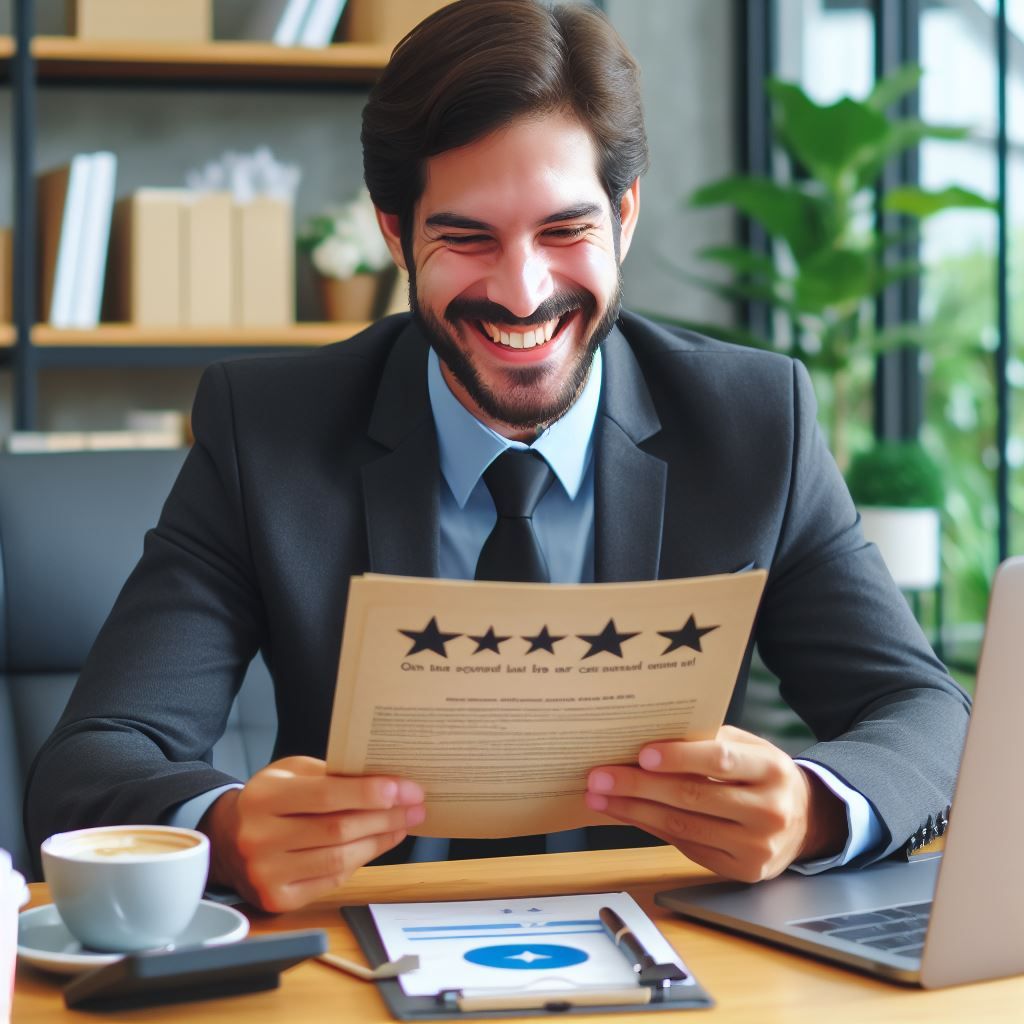 A man in a suit smiles while reading a review with five stars