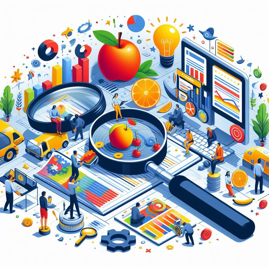 iIsometric illustration of people examining a magnifying glass, searching for low hanging fruit keywords