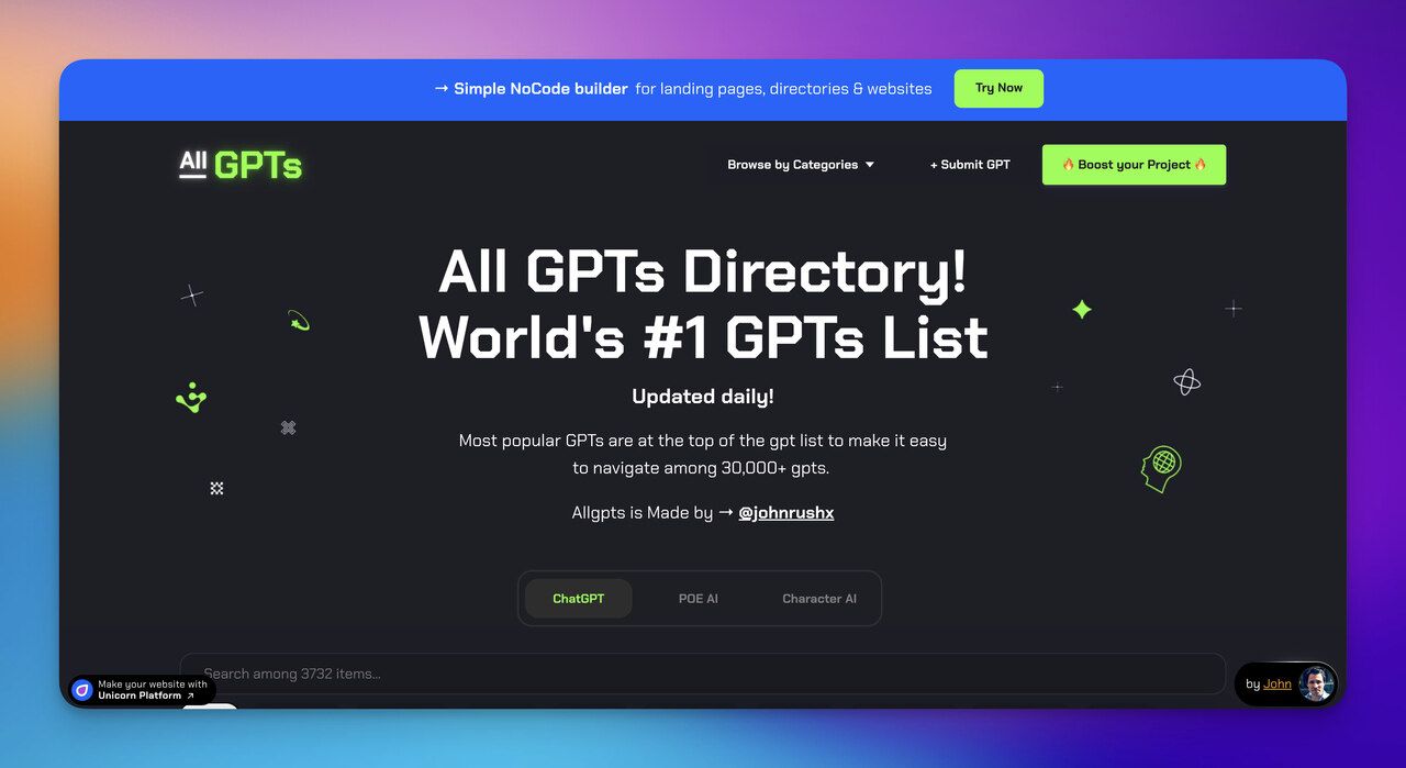 the homepage of AllGPTs