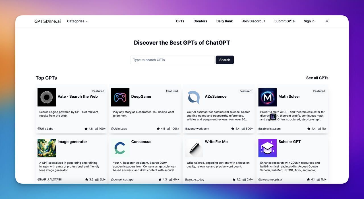 the homepage of GPTStore.AI